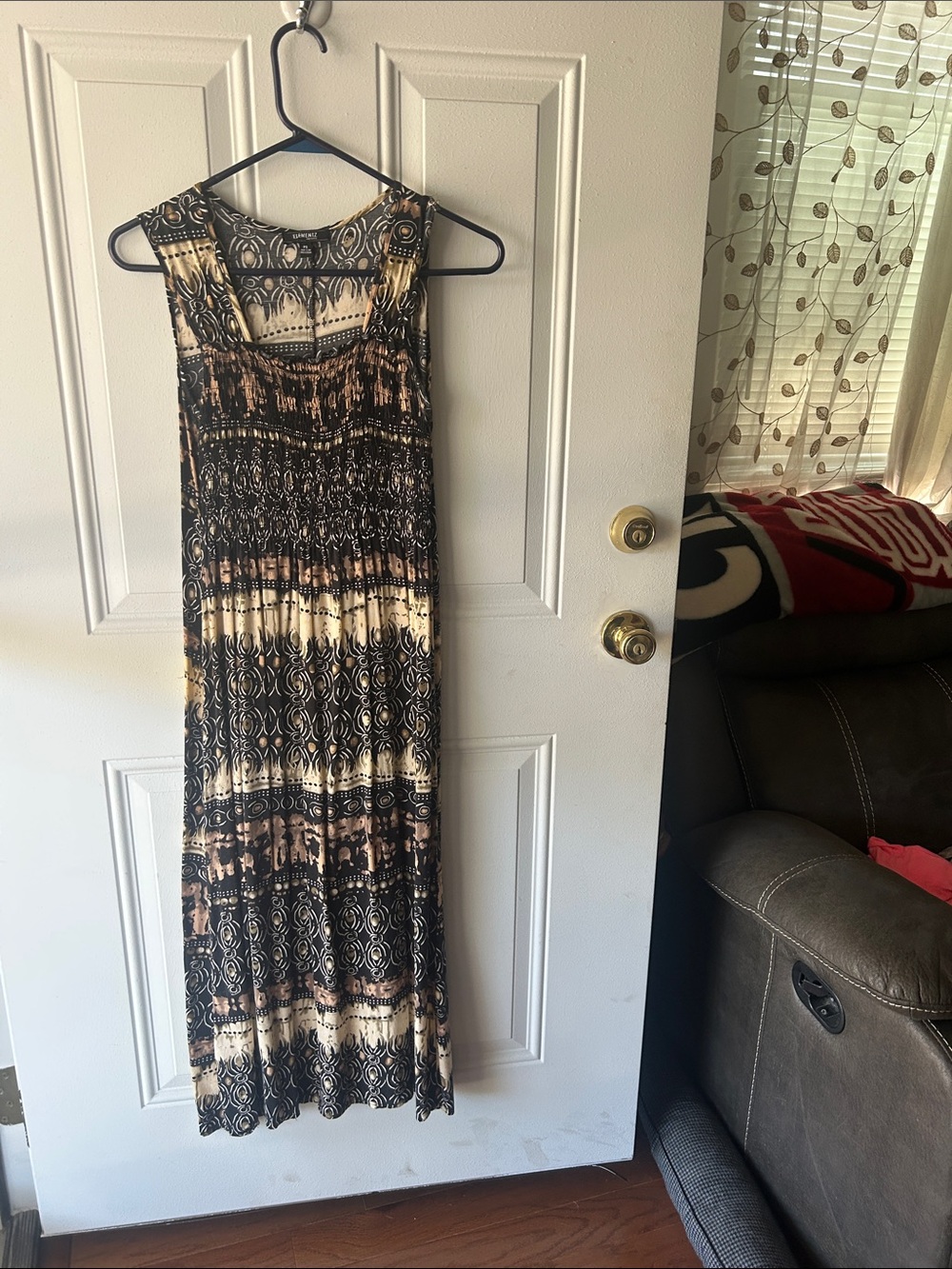 Sleeveless Maxi Dress in Black and Cream with Geometric Print